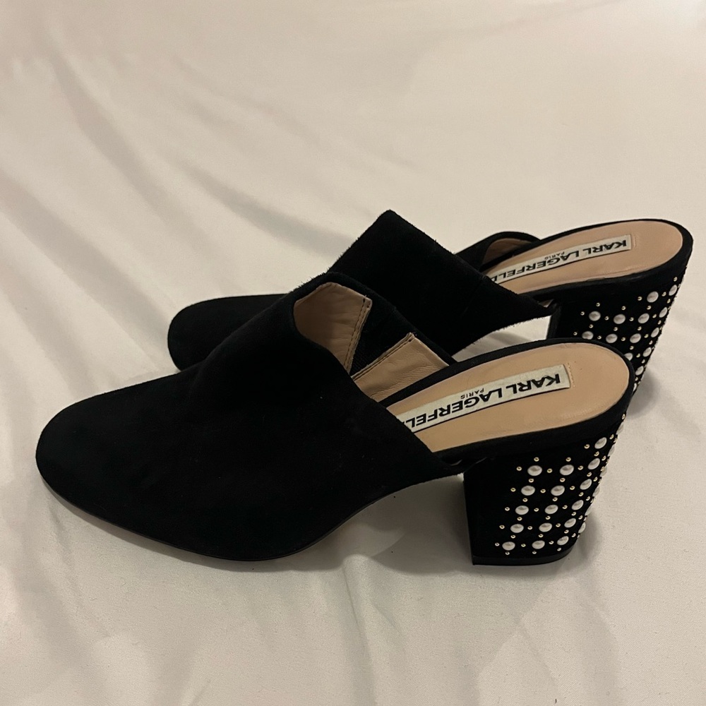 KARL LAGERFELD BLACK SUEDE MULES - GREAT CONDITION